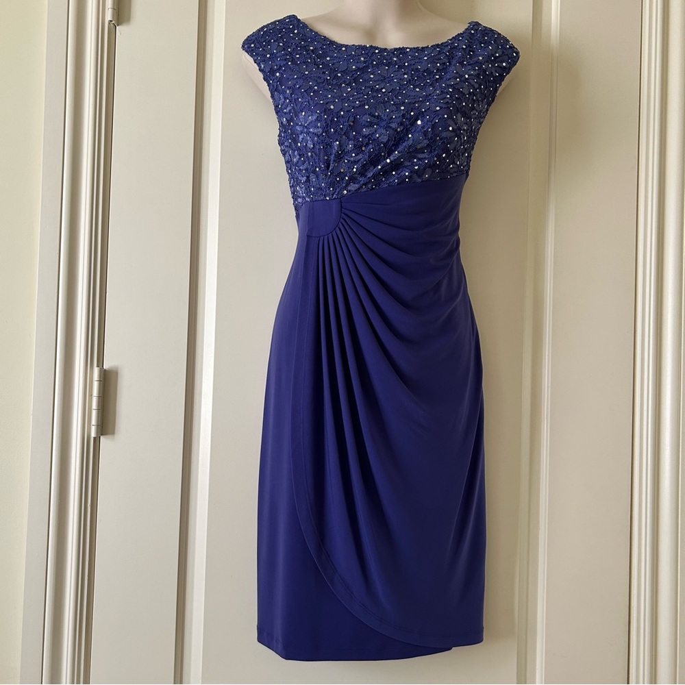 CONNECTED APPAREL Purple Drape-Front Sheath Dress, Sparkle Lace Top, 8P